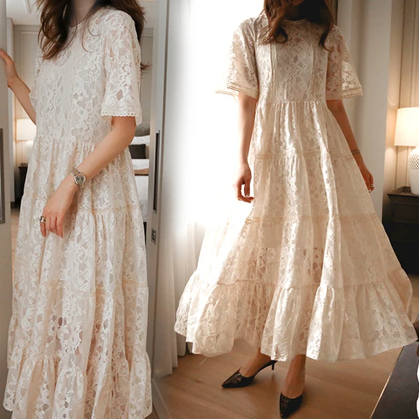 Pregnant Women Summer Lace Dress Suit Short Sleeve Fashion Fairy Maternity Dress with Cotton Lining Sweet Maxi Dress Wholesale