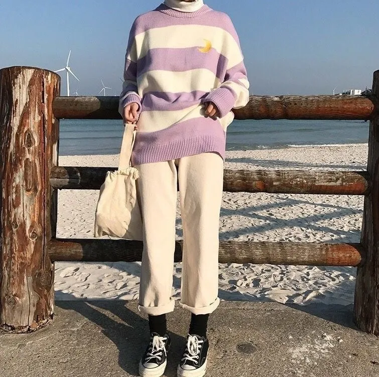 

2019 Women New Turtleneck Knitted Sweater Vintage Long Sleeve Casual Pullover Tops Female Loose Long Jumper