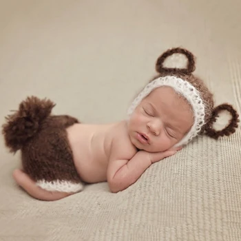

Soft Mohair Newborn Baby Knitted set Photo Accessories Photography Props Costumes Ear Bear 2pcs Set