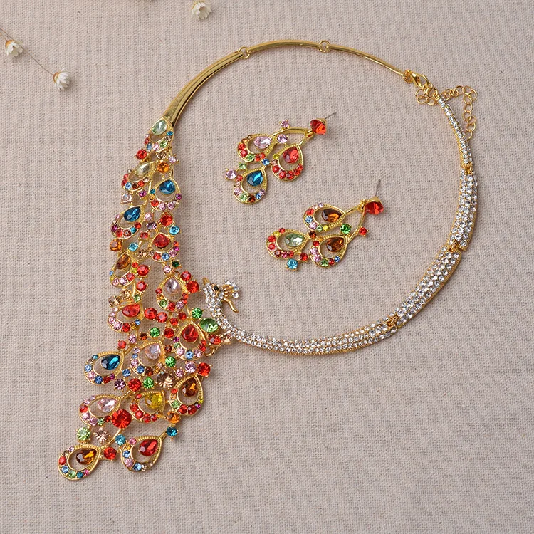 Gold Silver Color Rhinestone Peacock Bridal Jewelry Sets Crystal Statement Necklace Stud Earrings Set Wedding Jewelry Set bridal jewelry sets