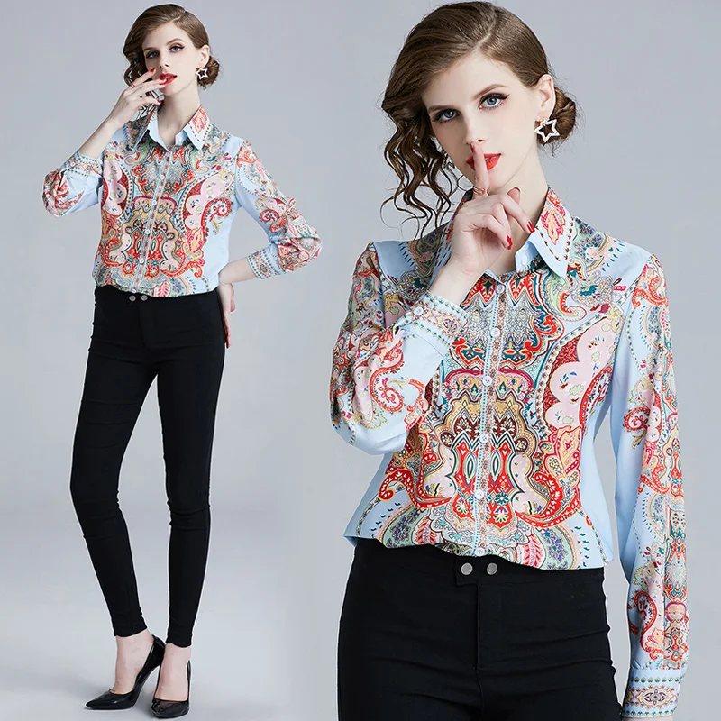 

Retro shirt female European goods spring 2019 new long-sleeved chiffon fashion loose casual spring bottoming printed shirt