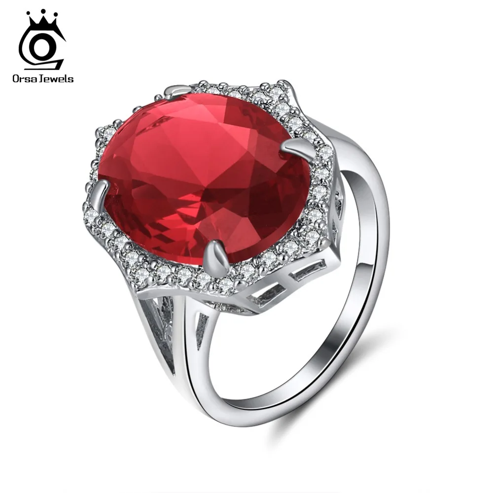 

ORSA JEWELS Rings For Women Big Red Oval Crystal AAA Shiny Cubic Zircon Prong Setting Female Party Luxury Fashion Jewelry OR158