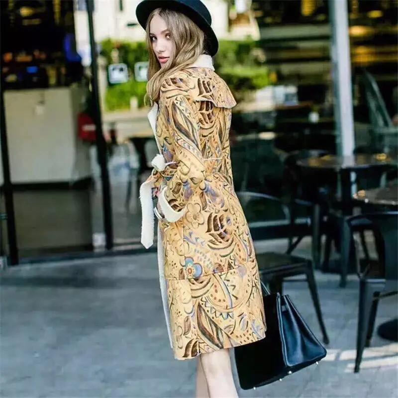 winter coat 2016 Winter Runway Designer Coat Women’s Long Sleeve Turn Down Collar Vintage Floral Printed Suede Coat Outerwear