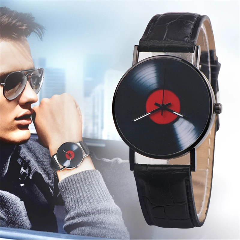 

Unisex Watch Retro Design Leather Band Saat Quartz Wrist Watch Fashion Casual Analog Alloy Creative Vinyl Records CD Gifts Clock