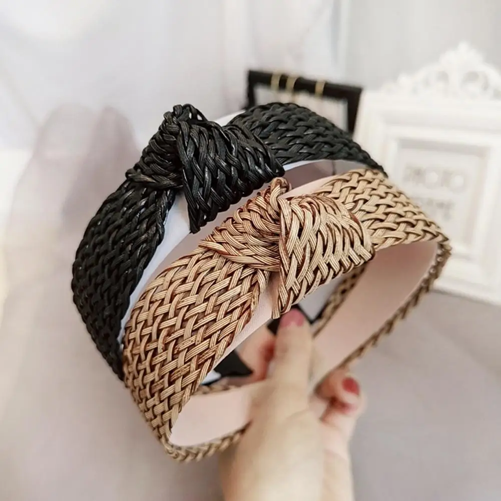 

Vintage Women Solid Color Knotting Rattan Woven Hair Hoop Headband Headwear