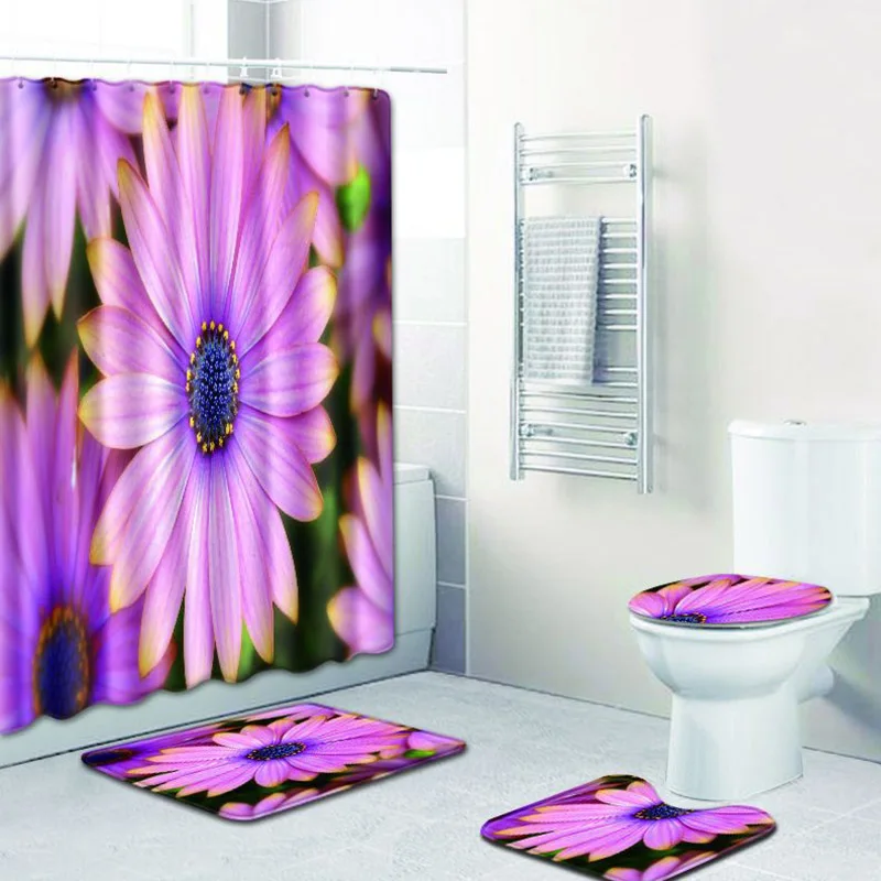 

The 4 sets bathroom carpet and rug Shower flower Toilet seat cover bathroom non-slip flower carpet and shower curtain