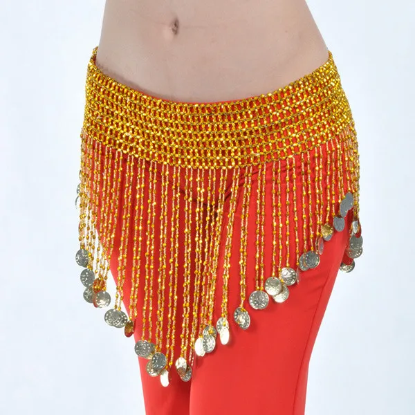 Женская одежда для танца живота с кисточками на бедрах, эластичный пояс для танца живота с золотыми/серебряными бисерные полосы - Цвет: Gold coins beads