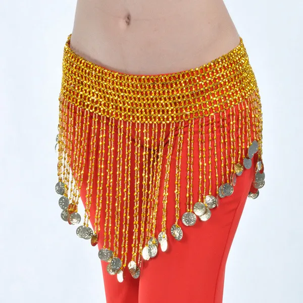 Women Bellydance Clothes Tassel Hip Scarf Belly Dance Elastic Wrapped Belt with Gold/silver Beaded Fringes Gold coins beads