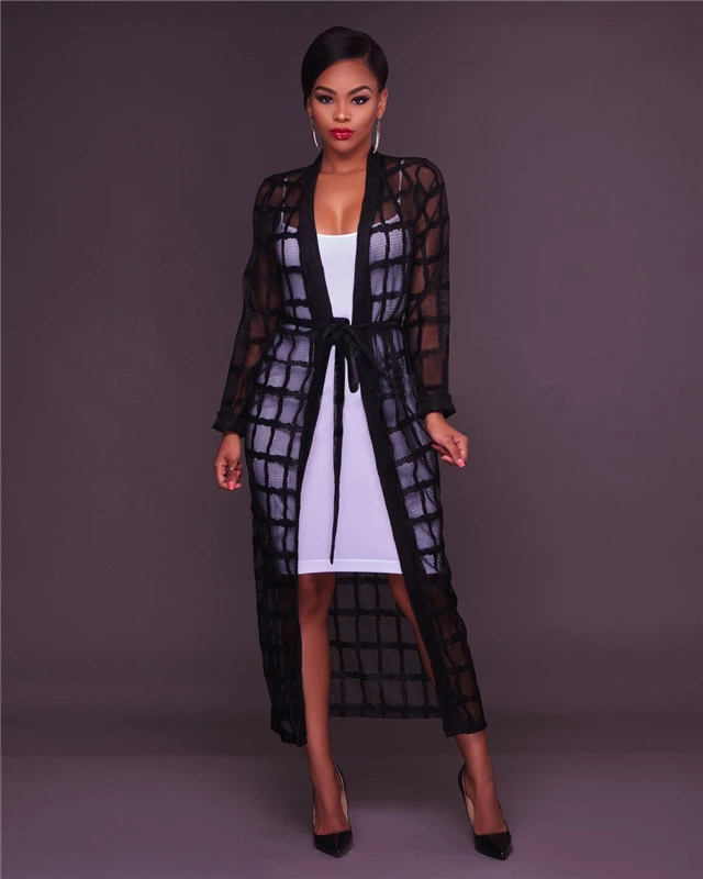 

Women's Long Sleeve Maxi Cardigan Black Mesh Hollow Out Plaid Kimono Jacket Lady Blouse Top 2019 Vintage Casual Summer Clothes
