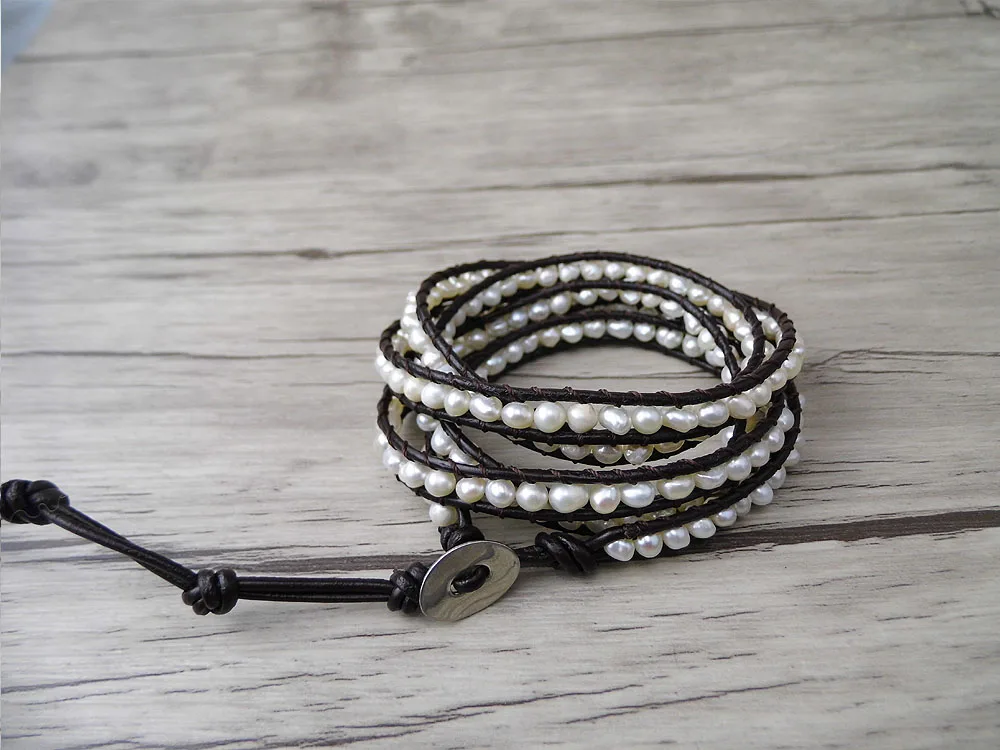 Boho 5 Обёрточная Бумага браслет Цыганский кожа Обёрточная Бумага браслет белый пресной водой, жемчужные бусы, браслет натуральный камень ювелирные yoga ювелирные изделия
