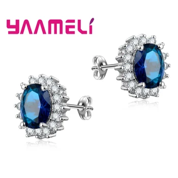 

Simple Luxury Stud Earrings For Women Bridal Wedding Accessories Pave Oval Shiny Zircons 925 Sterling Silver Earring