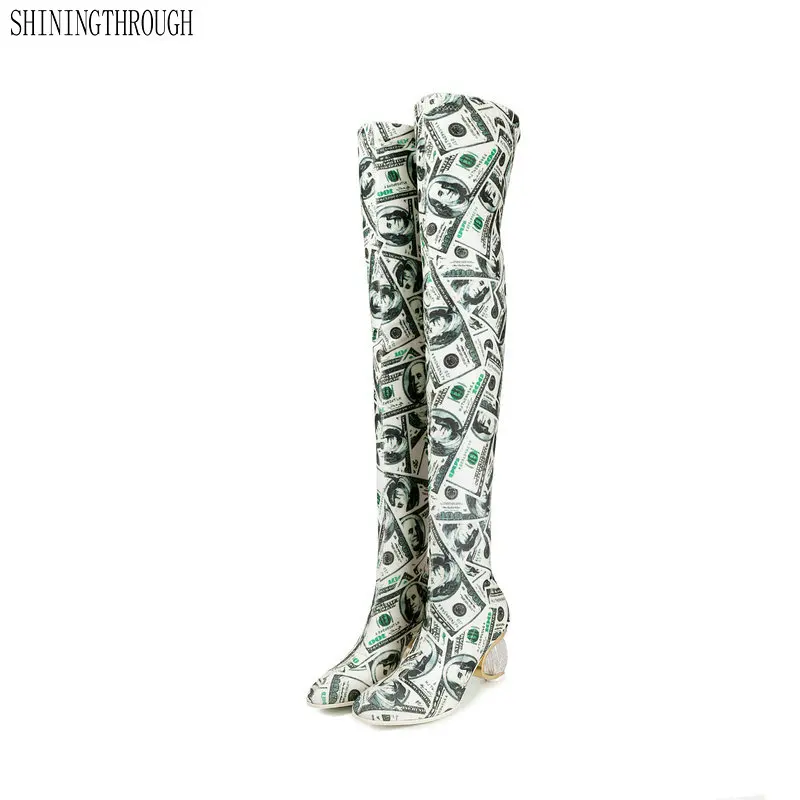 

2019 Spring Autumn New Round Toe Strange Style Women Over The Knee Boots Fashion Print Flock Party Casual Shoes Woman