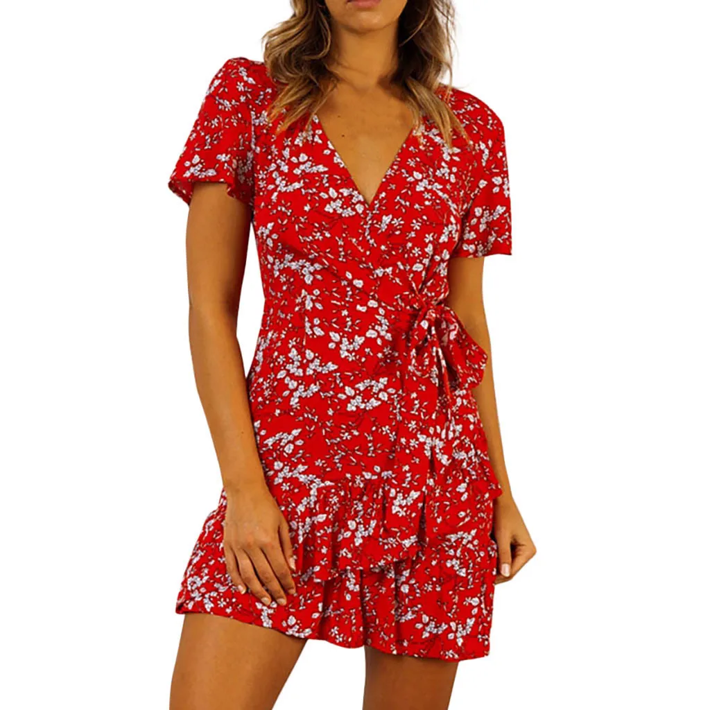 Летние сексуальные вечерние женские винтажные платья с v-образным вырезом и оборками, женское Красное пляжное платье с коротким рукавом, женская одежда