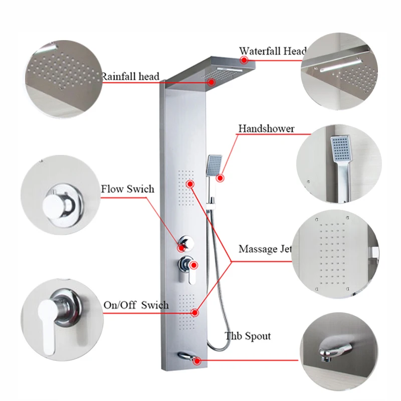 Günstig KEMAIDI Moderne Badezimmer Edelstahl Dusche Spalte Wand Ein Griff + Handbrause + Badewanne Auslauf + Massage System Dusche panel