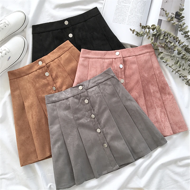 Летние Для женщин Мини-юбки Suede Button плиссированная юбка Высокая талия Harajuku милый сладкий шик плиссированные юбки женские#5172