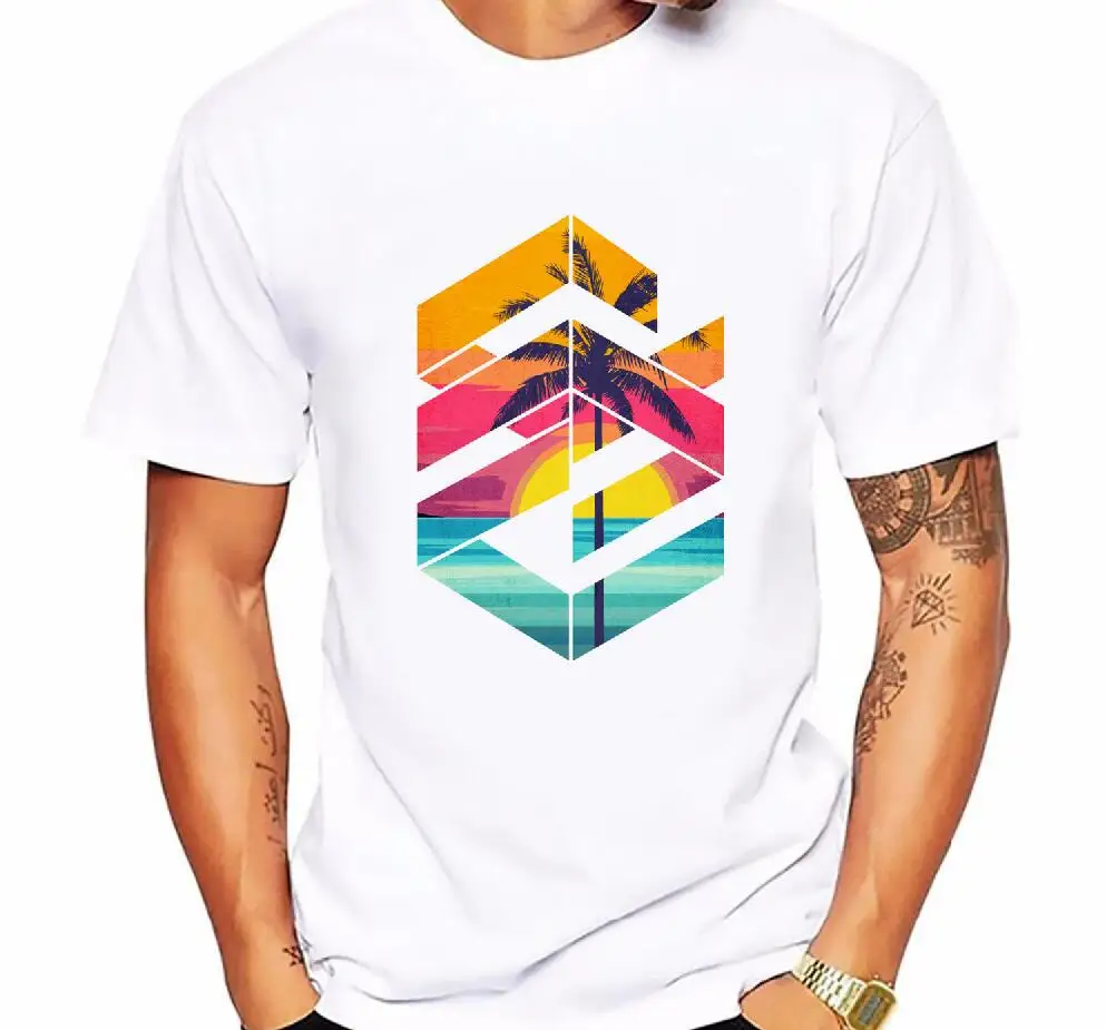 

Fashion Vintage Rustic Palm Trees Beach printed men T shirt short sleeve cotton comfortable fabric Geometric Sunrise tshirts