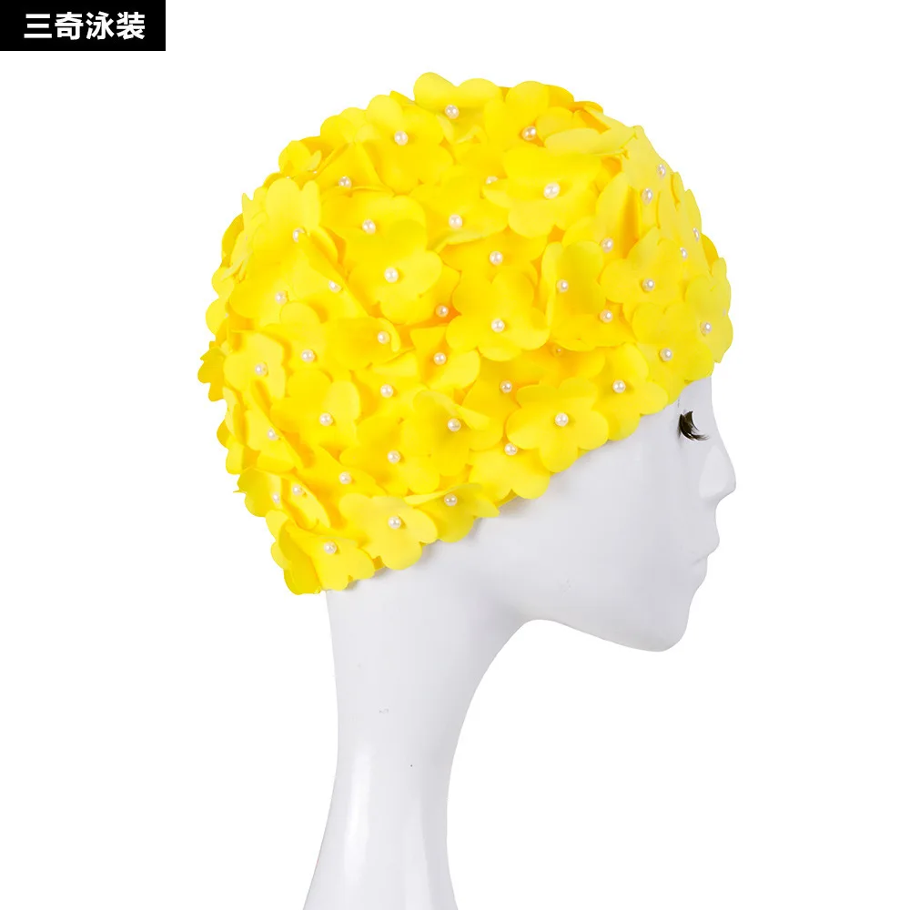 SHANQI chinlon chibu шапочка для купания женские удобные длинные волосы для взрослых, защита от ушек с цветами, нескользящая большая шапочка для плавания - Цвет: yellow