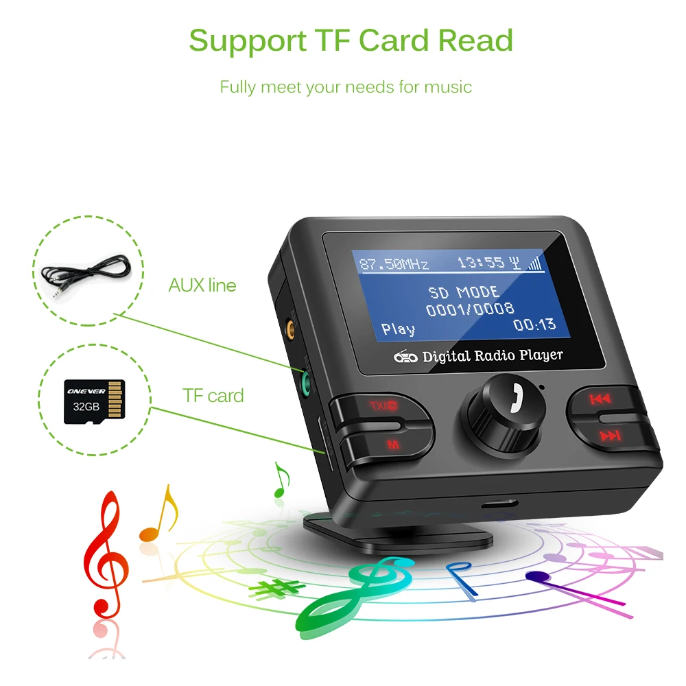 Onever автомобильный DAB цифровой радио тюнер цифровой вещательный приемник с fm-передатчиком Bluetooth Handsfree Kit TF карта для чтения
