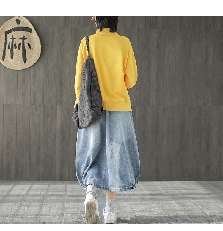 Spring Autumn Skirt Fashion Women Large size Denim skirt New Ladies Elastic Waist pocket Bleached Mori girl Casual Loose skirt