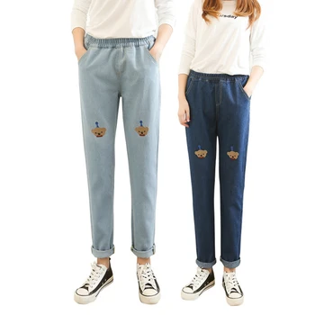 

Cute Animal Women Embroidered Jeans High Waisted Boyforiend Jeans For Women Elastic Waist Jeans Loose Casual Long Denim Pants