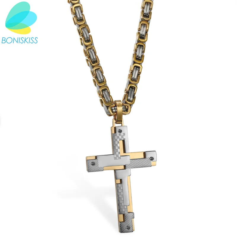 Boniskiss Christian Cross Necklace Black/Silver/Gold Color Stainless Steel Pendant & Chain For Men/Women Christmas Gift Jewelry