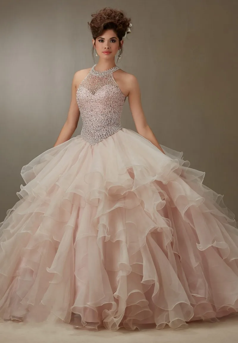 

Fashionable Fully Decorated Pearl Crystals Prom Gown for Girls Light Blue Sweet 16 Dresses Open Back Quinceanera Dress Ruffled