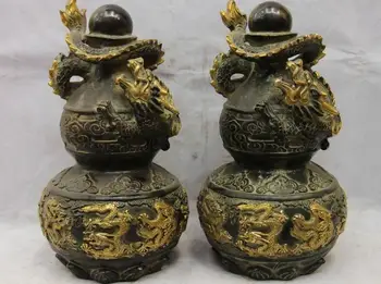 

China Bronze Copper Feng Shui Dragon Play Bead bottle Gourd Pot Vase Statue Pair