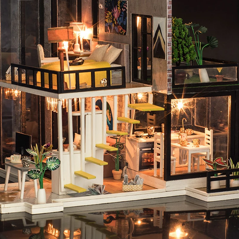 DIY Doll House Wooden Miniature dollhouse Miniature Doll House With Furniture Kit Villa LED Lights Birthday Gift