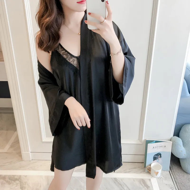 

Black Bride Bridesmaid Dressing Gown Sexy Women Wedding Robe Set Spring New 2PCS Sleepwear Home Dress Faux Silk Nightwear Suit