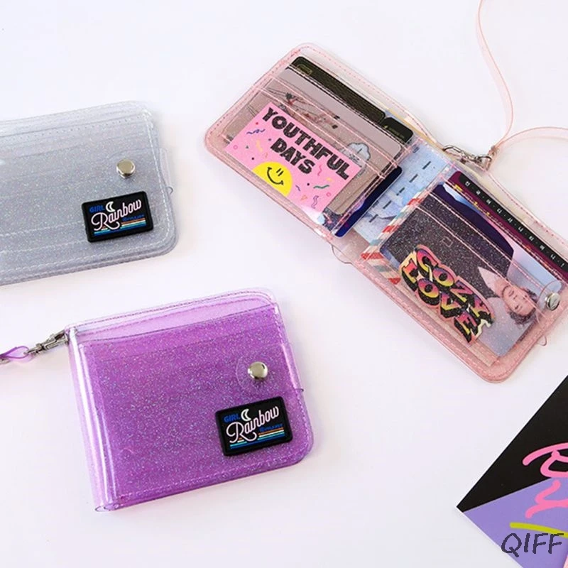 Прозрачный держатель ID карты ПВХ складной короткий кошелек модные женские блестящие девичьи визитные карточки Чехол кошелек с шнурком