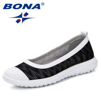

BONA 2019 Mesh Flat Shoes Women Slip-On Cotton Casual Shoes For Woman Walking Stripe Sneakers Loafers Soft Shoes Zapato Footwear