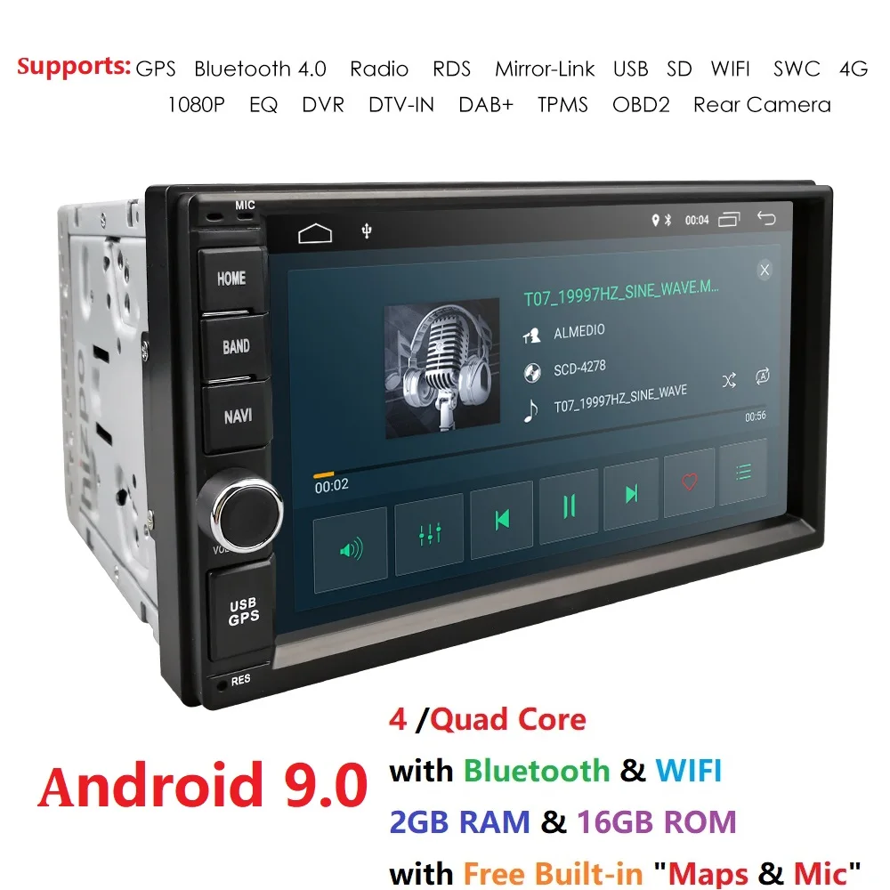 

2 Din Universal Android 9.0 2GB RAM 7'' Quad core Car Radio Stereo WiFi 1024*600 Steering wheel RDS SWC CAM DAB OBD Car Audio