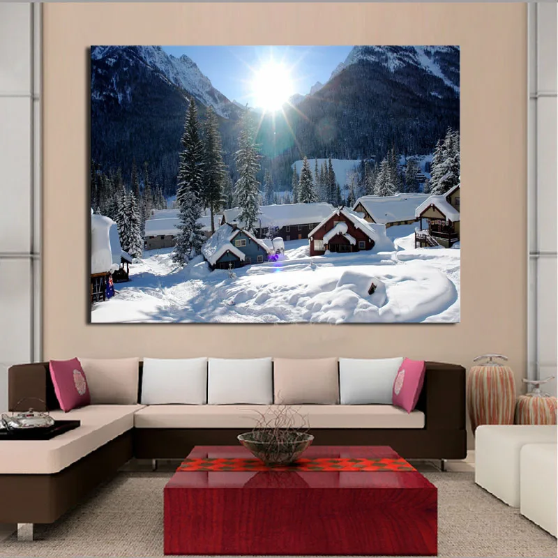 

1Panel Decorative Art Picture Beautiful Snow House Sun Mountain Painting On Canvas For Room Home Decor Wall Paintings
