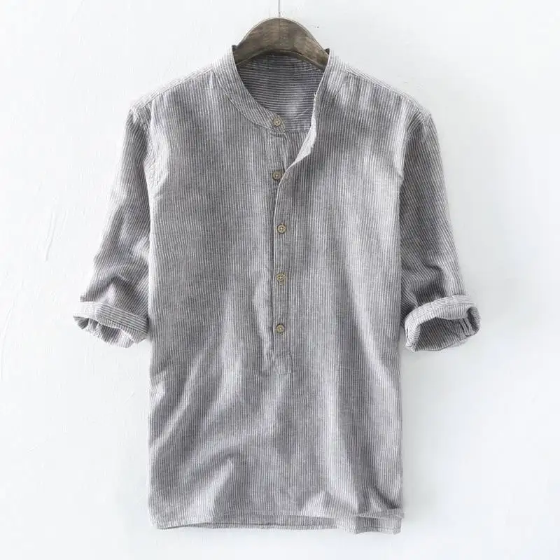 Coffee Shirt Новая мода Для мужчин короткий рукав полосатый хлопковая рубашка на пуговицах, со стоячим воротником Повседневное топы для отдыха уличная Для мужчин брендовая рубашка Camisa - Цвет: Coffee Shirt