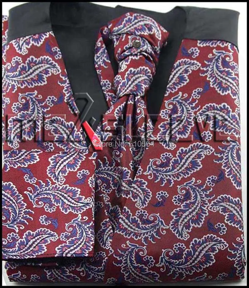Одиночный мужской жилет, темно-красный и синий жилет с рисунком(жилет+ галстук-бабочка+ платок+ запонки