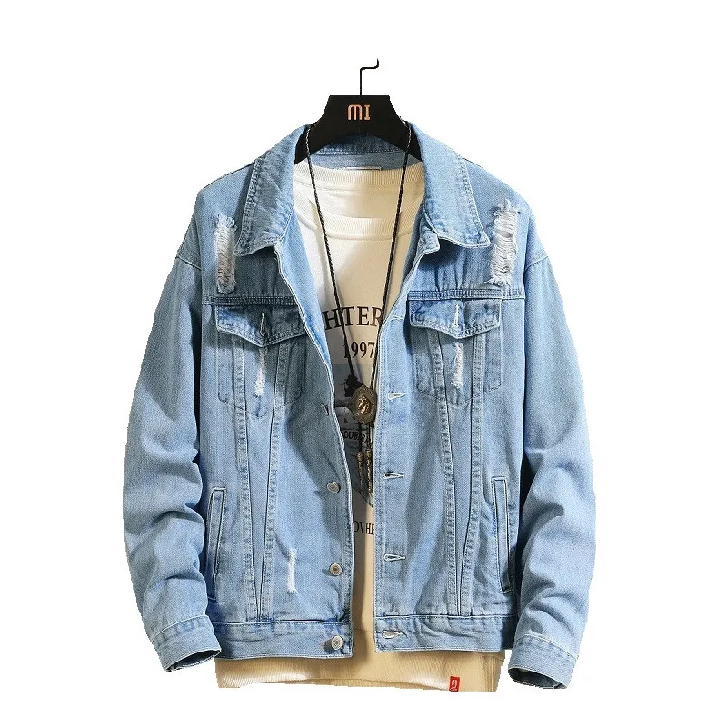 

2019 New Men Pure color Denim jacket coat Mens jacket Man Man Hip Hop Tape Hole loose Coat The Beggar Damage Leisure cowboy men