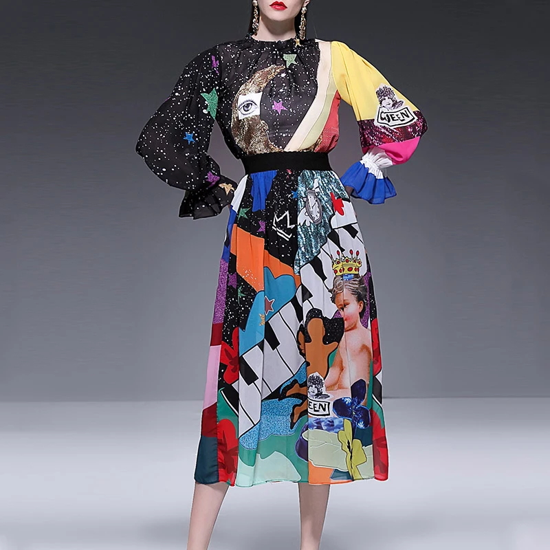 

New 2019 Summer Designer Runway 2 Piece Set Women Lantern Sleeve Top Character Print Skirt Prairie Chic Beach Tracksuit
