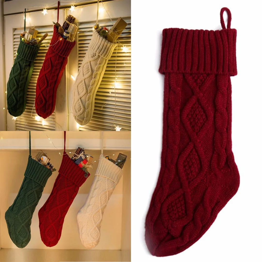2018 NEW DIY Christmas Knitted Stocking Hanging Crochet Stock Xmas Tree Ornament Decor Gift