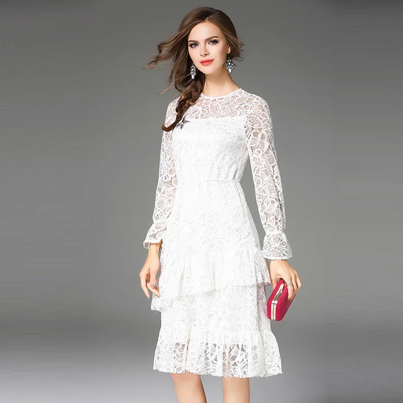Runway Luxury Elegant Hollow Out White Lace Mid Dress 2018 Spring