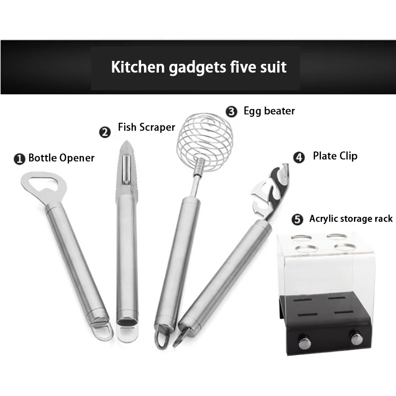 5 шт. набор Kitchengadget из нержавеющей стали для яиц, скребок для рыбы, открывалка для бутылок, акриловый контейнер для хранения, Женская подарочная посуда - Цвет: metal