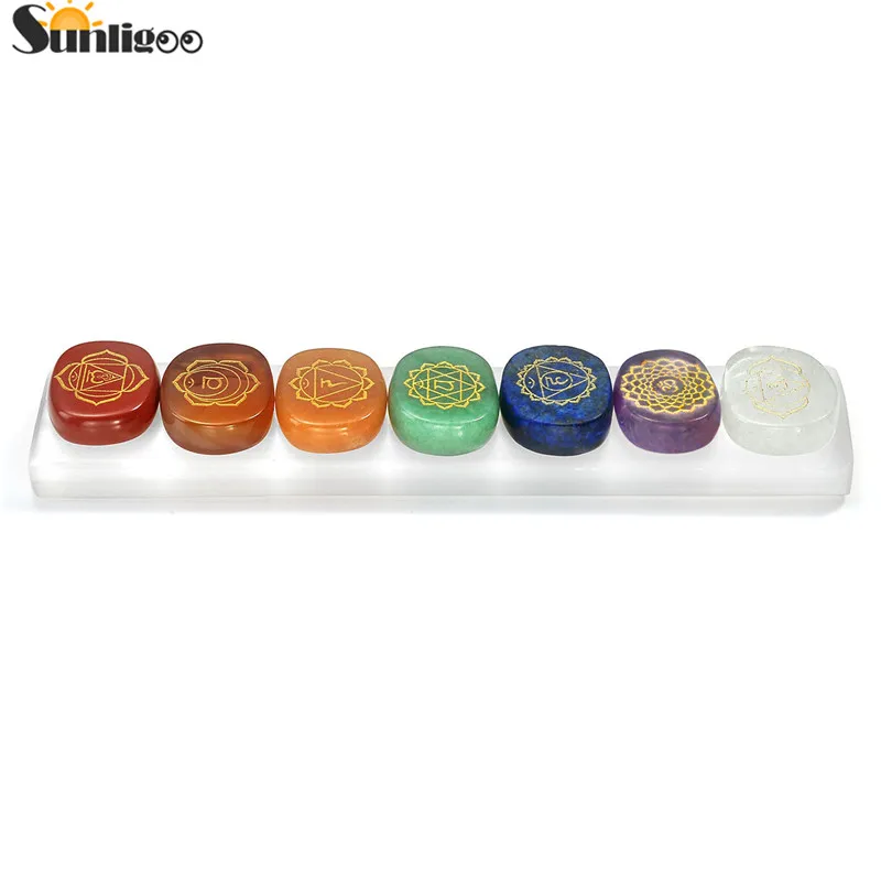 

Sunligoo Chakra Crystal Healing Kit 7 Chakra Natural Polished Oval Stones Engraved Chakra Symbols Holistic Balancing Palm Stone