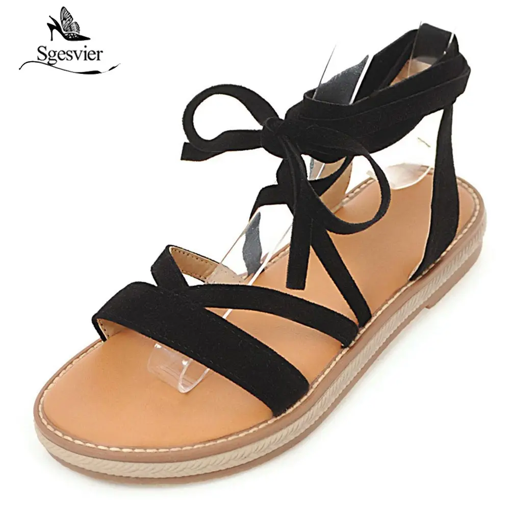 

Sgesvier Summer Women Flat Sandals 3 Color Cross Tied Shoes Peep Toe Fashion Sweet Sandals Female Casual Shoes Size 33-43 OX412