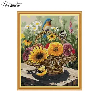 

Joy Sunday Cross Stitch Fabric Bird and Flower Basket Pattern Aida Fabric 14ct Printed Canvas Embroidery Kit DMC DIY Needlework
