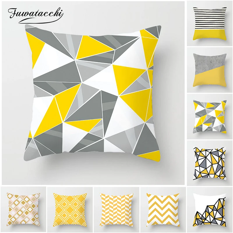 Fuwatacchi Yellow Geometric Cushion Covers Polyester Diamond Square Pillow Cases Linen Cotton Pillow Covers Bedroom Sofa