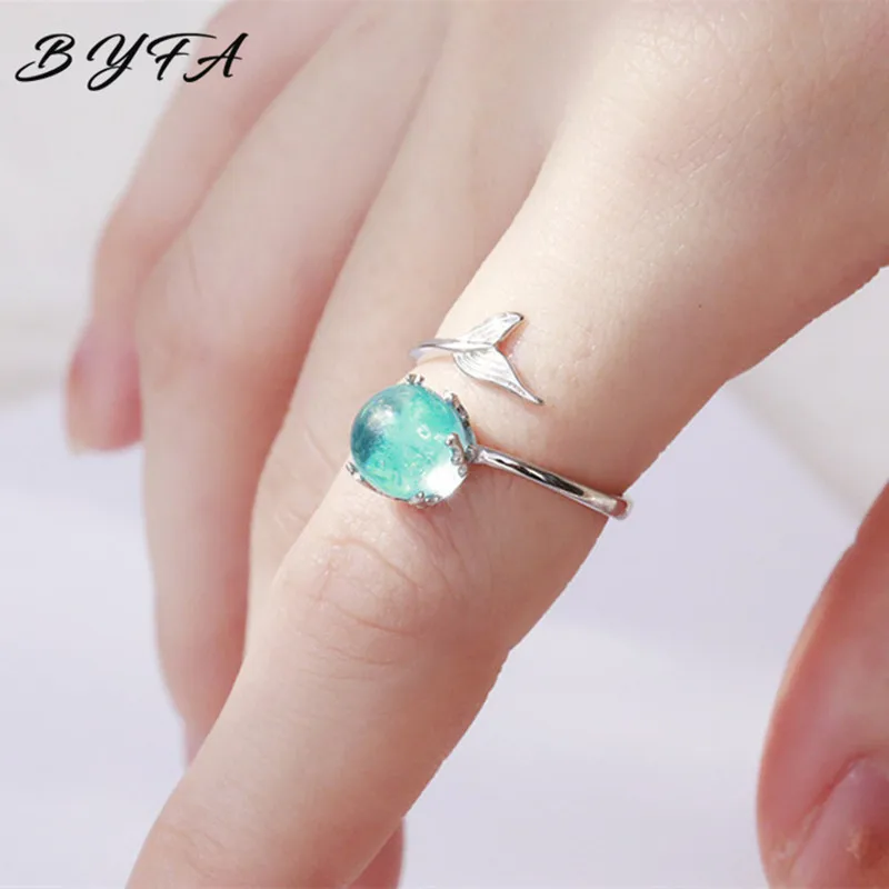

Fashion Blue Crystal Mermaid Tail Rings 925 Sterling Silver Adjustable Romantic Solid Opening Ring for Women Party Jewelry Gifts