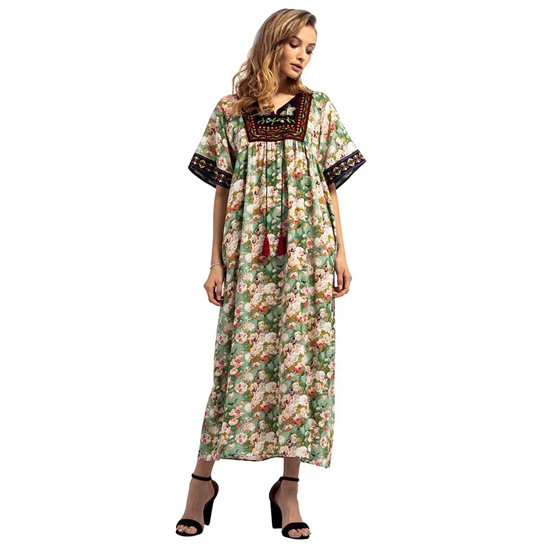 Summer Bohemian Embroidery Maxi Dress Printed Tassel Indian Abaya Short Sleeves Dubai Ankle-Length Long ZD83032 | Женская одежда