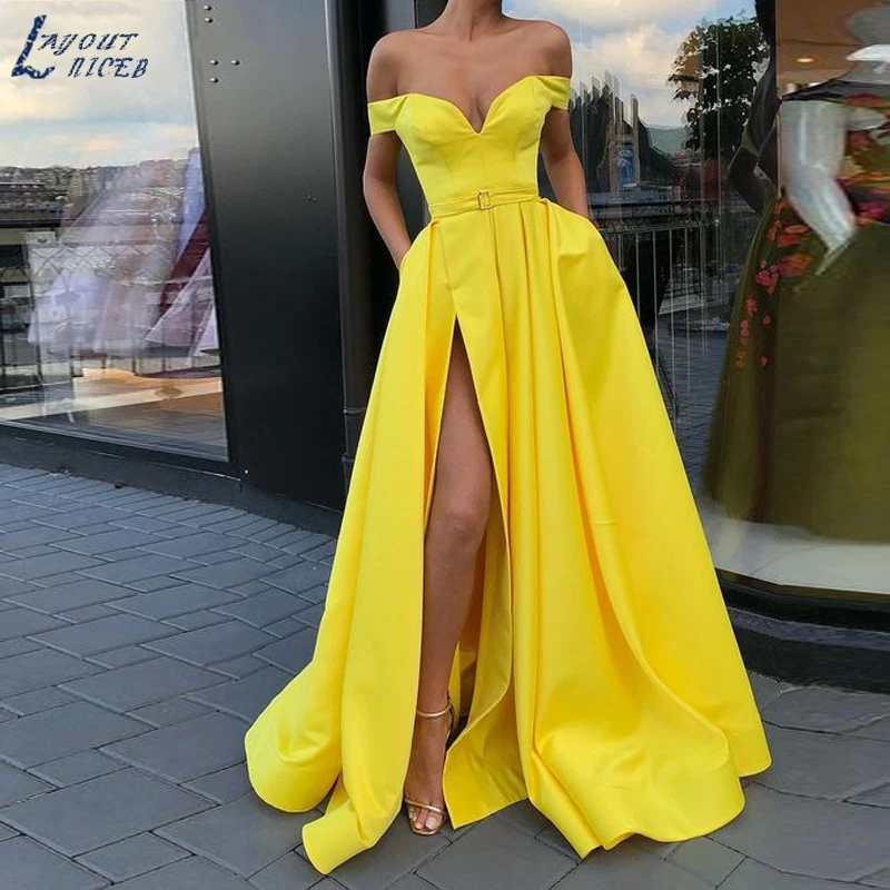 

AE1224 Moden Split Off the Shoulder Satin Evening Dresses Party Prom Dresses Formal Gowns Plus size Long Dresses with Pockets