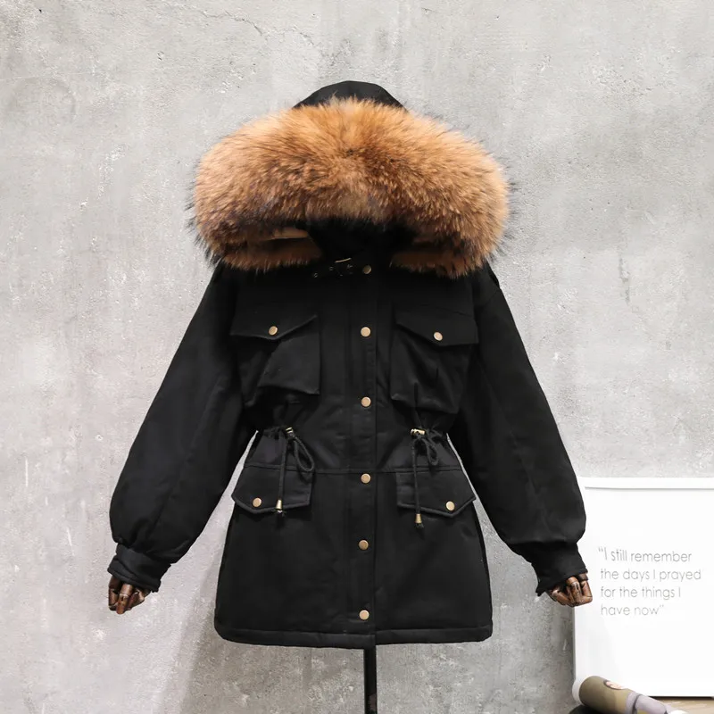 GBYXTY, толстая пуховая куртка, парка,, зимняя женская куртка с мехом енота, пуховик с утиным пухом, с капюшоном, пальто, ZA1599 - Цвет: black-brown fur