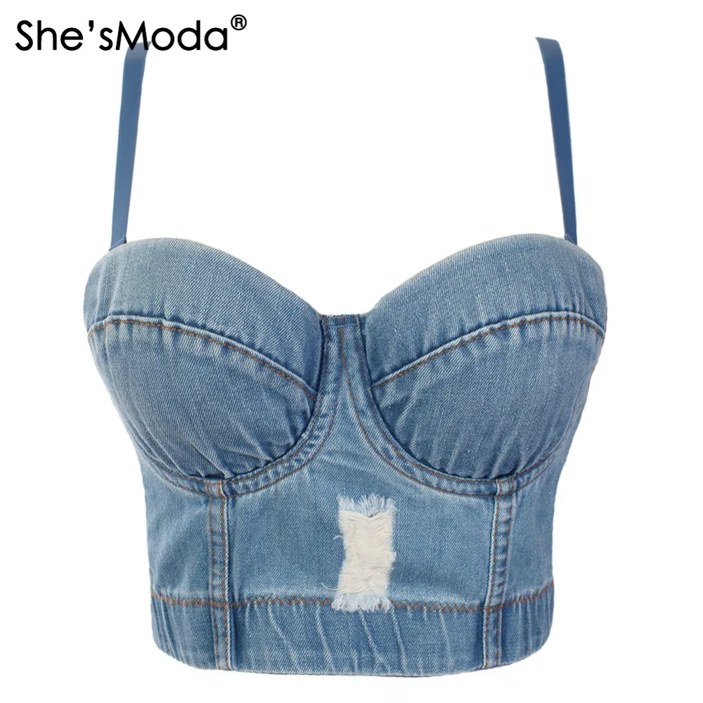 She'sModa Новый Вырез джинсовый пуш ап бюстье женский Бралетт укороченный Топ жилет