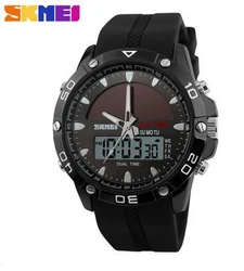 Men's Solar - Powered Waterproof Sports Watch with Dual Time Zone Display (Black)
